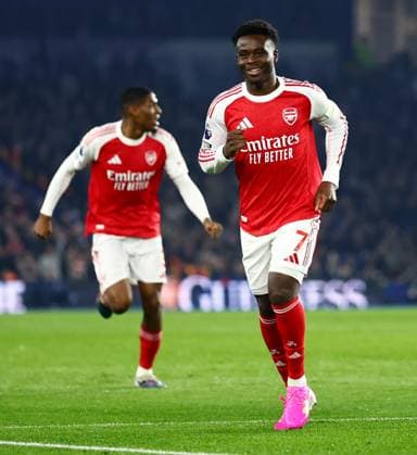 Bukayo Saka of Arsenal celebrates scoring a goal after making the score 0-1. Brighton and Hove Albion v Arsenal, Premier League, Football, American Express Community Stadium, Brighton, UK - 04 Mar 2026Brighton American Express Community Stadi United Kingdom EDITORIAL USE ONLY No use with unauthorised audio, video, data, fixture lists, club league logos or live services. Online in-match use limited to 120 images, no video emulation. No use in betting, games or single club league player publications.  Copyright: xJamesxMarsh Shutterstockx 16720017r