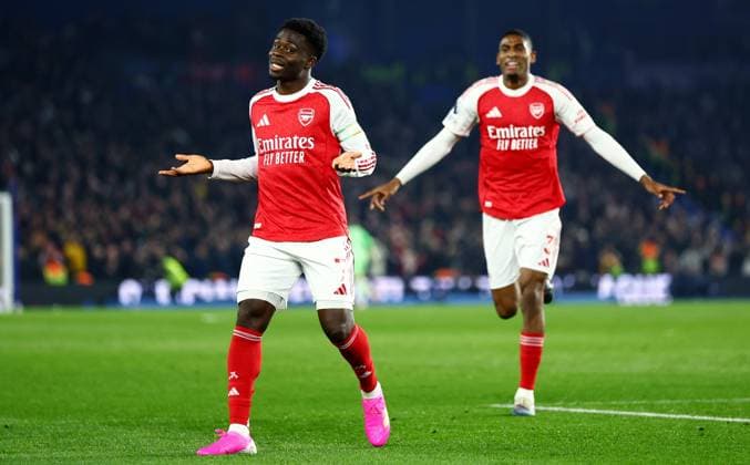 Bukayo Saka of Arsenal celebrates scoring a goal after making the score 0-1. Brighton and Hove Albion v Arsenal, Premier League, Football, American Express Community Stadium, Brighton, UK - 04 Mar 2026Brighton American Express Community Stadi United Kingdom EDITORIAL USE ONLY No use with unauthorised audio, video, data, fixture lists, club league logos or live services. Online in-match use limited to 120 images, no video emulation. No use in betting, games or single club league player publications.  Copyright: xJamesxMarsh Shutterstockx 16720017t