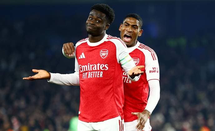 Bukayo Saka of Arsenal celebrates scoring a goal after making the score 0-1. Brighton and Hove Albion v Arsenal, Premier League, Football, American Express Community Stadium, Brighton, UK - 04 Mar 2026Brighton American Express Community Stadi United Kingdom EDITORIAL USE ONLY No use with unauthorised audio, video, data, fixture lists, club league logos or live services. Online in-match use limited to 120 images, no video emulation. No use in betting, games or single club league player publications.  Copyright: xJamesxMarsh Shutterstockx 16720017u