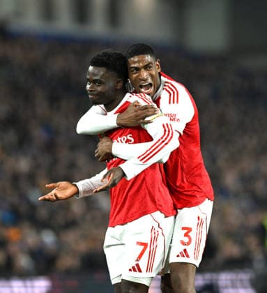Bukayo Saka of Arsenal on the left celebrates scoring the opening goal with Christian Mosquera during the Premier League match between Brighton and Hove Albion and Arsenal at the American Express Stadium , Brighton , UK - 4th March 2026 Brighton & Hove Albion vs Arsenal Premier League Football, Amex Stadium, Sussex, United Kingdom - 04 Mar 2026Brighton Amex Stadium Sussex United Kingdom Editorial use only. No merchandising. For Football images FA and Premier League restrictions apply inc. no internet mobile usage without FAPL license - for details contact Football Dataco  Copyright: xSimonxDack TPI Shutterstockx 16724173i