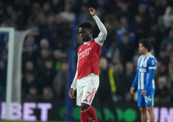 Brighton and Hove Albion v Arsenal, Premier League, Football, Amex Stadium, Brighton, UK - 04 Mar 2026 GOAL 0-1. Bukayo Saka of Arsenal celebrates opening goal for Arsenal. Brighton Amex Stadium Brighton UK, UK NEWSPAPERS OUT Copyright: xSeanxRyanx
