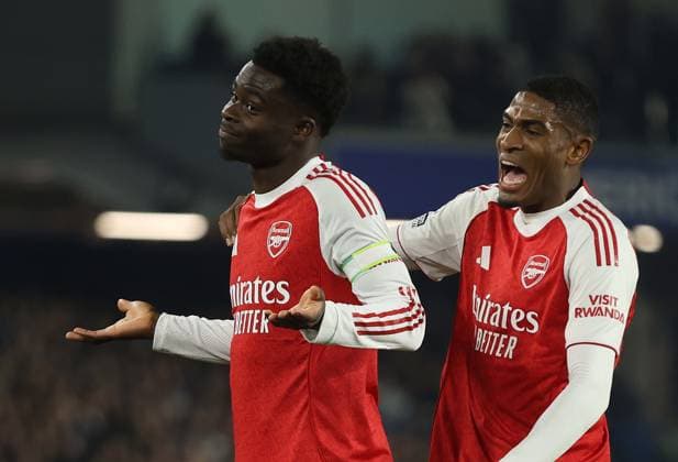 Premier League - Brighton & Hove Albion FC v Arsenal FC BRIGHTON, ENGLAND, MARCH 4: GOAL 1-0, Bukayo Saka of Arsenal goal celebration with Cristhian Mosquera of Arsenal after scoring a goal to put Arsenal 1-0 ahead during the match between Brighton & Hove Albion FC and Arsenal FC in the Premier League at the AMEX Community Stadium in Brighton, England, on March 4. (Photo by Daniel Weir) Brighton AMEX Community Stadium England Copyright: xDanielxWeir CrystalxPixx Sportspressphoto_SPR101689