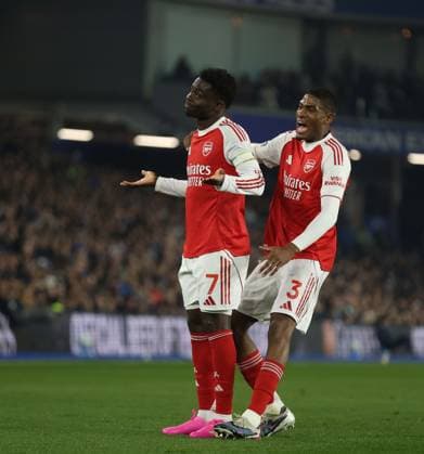 Premier League - Brighton & Hove Albion FC v Arsenal FC BRIGHTON, ENGLAND, MARCH 4: GOAL 1-0, Bukayo Saka of Arsenal goal celebration with Cristhian Mosquera of Arsenal after scoring a goal to put Arsenal 1-0 ahead during the match between Brighton & Hove Albion FC and Arsenal FC in the Premier League at the AMEX Community Stadium in Brighton, England, on March 4. (Photo by Daniel Weir) Brighton AMEX Community Stadium England Copyright: xDanielxWeir CrystalxPixx Sportspressphoto_SPR101691