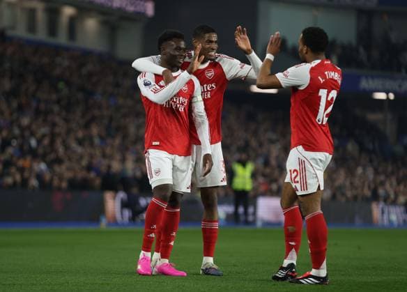 Premier League - Brighton & Hove Albion FC v Arsenal FC BRIGHTON, ENGLAND, MARCH 4: GOAL 1-0, Bukayo Saka of Arsenal goal celebration with Cristhian Mosquera & Jurrien Timber of Arsenal after scoring a goal to put Arsenal 1-0 ahead during the match between Brighton & Hove Albion FC and Arsenal FC in the Premier League at the AMEX Community Stadium in Brighton, England, on March 4. (Photo by Daniel Weir) Brighton AMEX Community Stadium England Copyright: xDanielxWeir CrystalxPixx Sportspressphoto_SPR101694