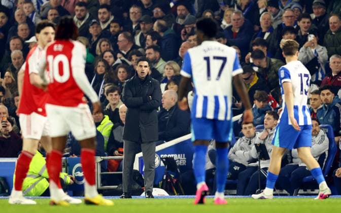 Arsenal Manager Mikel Arteta. Brighton and Hove Albion v Arsenal, Premier League, Football, American Express Community Stadium, Brighton, UK - 04 Mar 2026Brighton American Express Community Stadi United Kingdom EDITORIAL USE ONLY No use with unauthorised audio, video, data, fixture lists, club league logos or live services. Online in-match use limited to 120 images, no video emulation. No use in betting, games or single club league player publications.  Copyright: xJamesxMarsh Shutterstockx 16720017ab