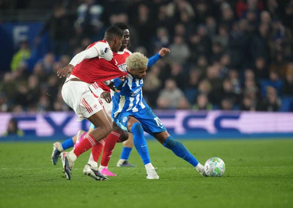 Brighton and Hove Albion v Arsenal, Premier League, Football, Amex Stadium, Brighton, UK - 04 Mar 2026 Cristhian Mosquera of Arsenal and Georginio Rutter of Brighton. Brighton Amex Stadium Brighton UK, UK NEWSPAPERS OUT Copyright: xSeanxRyanx