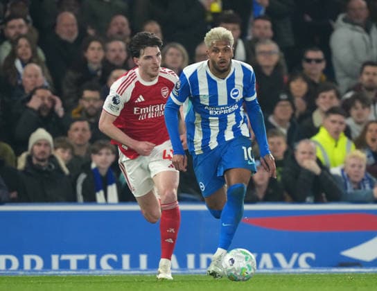 Brighton and Hove Albion v Arsenal, Premier League, Football, Amex Stadium, Brighton, UK - 04 Mar 2026 Declan Rice of Arsenal and Georginio Rutter of Brighton. Brighton Amex Stadium Brighton UK, UK NEWSPAPERS OUT Copyright: xSeanxRyanx