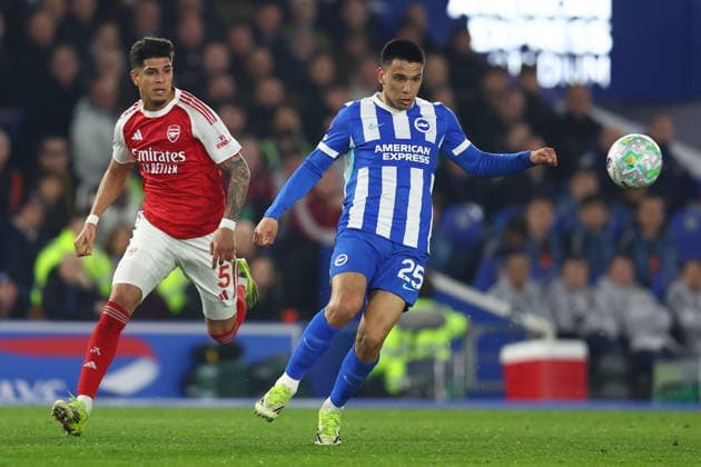 Brighton and Hove, England, 4th March 2026. Piero Hincapie of Arsenal and Diego Gomez of Brighton and Hove Albion challenge for the ball during the Brighton and Hove Albion vs Arsenal Premier League match at the AMEX Stadium, Brighton and Hove. Picture credit should read: Paul Terry Sportimage EDITORIAL USE ONLY. No use with unauthorised audio, video, data, fixture lists, club league logos or live services. Online in-match use limited to 120 images, no video emulation. No use in betting, games or single club league player publications. SPI_027_PT_Brighton_Arsenal SPI-4579-0027