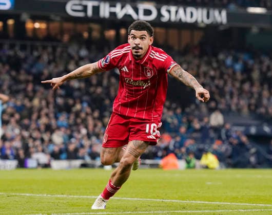 Manchester, England, 4th March 2026. Morgan Gibbs White of Nottingham Forest celebrates the equalising goal during the Manchester City vs Nottingham Forest Premier League match at the Etihad Stadium, Manchester. Picture credit should read: Andrew Yates Sportimage EDITORIAL USE ONLY. No use with unauthorised audio, video, data, fixture lists, club league logos or live services. Online in-match use limited to 120 images, no video emulation. No use in betting, games or single club league player publications. SPI_063_AY_Manchester_City_Forest SPI-4576-0062
