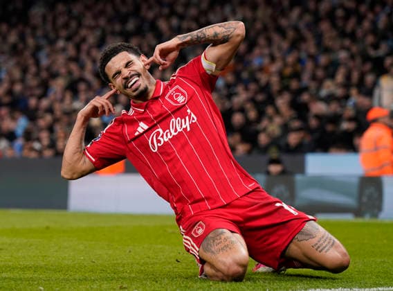 Manchester, England, 4th March 2026. Morgan Gibbs White of Nottingham Forest celebrates the equalising goal during the Manchester City vs Nottingham Forest Premier League match at the Etihad Stadium, Manchester. Picture credit should read: Andrew Yates Sportimage EDITORIAL USE ONLY. No use with unauthorised audio, video, data, fixture lists, club league logos or live services. Online in-match use limited to 120 images, no video emulation. No use in betting, games or single club league player publications. SPI_064_AY_Manchester_City_Forest SPI-4576-0063