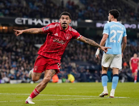 Manchester, England, 4th March 2026. Morgan Gibbs White of Nottingham Forest celebrates the equalising goal during the Manchester City vs Nottingham Forest Premier League match at the Etihad Stadium, Manchester. Picture credit should read: Andrew Yates Sportimage EDITORIAL USE ONLY. No use with unauthorised audio, video, data, fixture lists, club league logos or live services. Online in-match use limited to 120 images, no video emulation. No use in betting, games or single club league player publications. SPI_065_AY_Manchester_City_Forest SPI-4576-0064