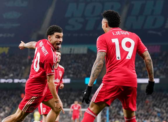 Manchester, England, 4th March 2026. Morgan Gibbs White of Nottingham Forest celebrates the equalising goal during the Manchester City vs Nottingham Forest Premier League match at the Etihad Stadium, Manchester. Picture credit should read: Andrew Yates Sportimage EDITORIAL USE ONLY. No use with unauthorised audio, video, data, fixture lists, club league logos or live services. Online in-match use limited to 120 images, no video emulation. No use in betting, games or single club league player publications. SPI_066_AY_Manchester_City_Forest SPI-4576-0065