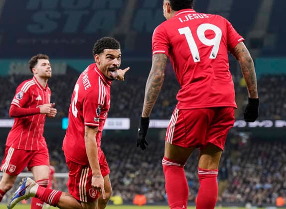 Manchester, England, 4th March 2026. Morgan Gibbs White of Nottingham Forest celebrates the equalising goal during the Manchester City vs Nottingham Forest Premier League match at the Etihad Stadium, Manchester. Picture credit should read: Andrew Yates Sportimage EDITORIAL USE ONLY. No use with unauthorised audio, video, data, fixture lists, club league logos or live services. Online in-match use limited to 120 images, no video emulation. No use in betting, games or single club league player publications. SPI_067_AY_Manchester_City_Forest SPI-4576-0066