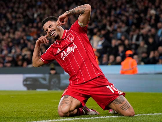 Manchester, England, 4th March 2026. Morgan Gibbs White of Nottingham Forest celebrates the equalising goal during the Manchester City vs Nottingham Forest Premier League match at the Etihad Stadium, Manchester. Picture credit should read: Andrew Yates Sportimage EDITORIAL USE ONLY. No use with unauthorised audio, video, data, fixture lists, club league logos or live services. Online in-match use limited to 120 images, no video emulation. No use in betting, games or single club league player publications. SPI_069_AY_Manchester_City_Forest SPI-4576-0068