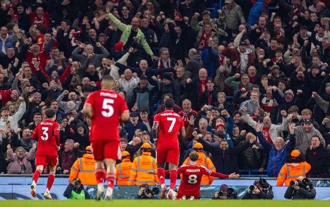 Football - FA Premier League - Manchester City FC v Nottingham Forest FC MANCHESTER, ENGLAND - Wednesday, March 4, 2026: Nottingham Forest s Elliot Anderson celebrates after scoring his side s second equalising goal during the FA Premier League match between Manchester City FC and Nottingham Forest FC at the City of Manchester Stadium. (Photo by David Rawcliffe Propaganda) MANCHESTER City of Manchester Stadium GREATER MANCHESTER ENGLAND  Copyright: xDavidxRawcliffex P2026-03-04-Man_City_Notts_Forest-49
