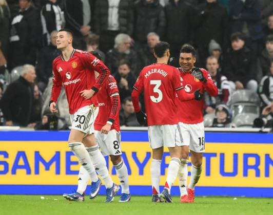 Casemiro of Manchester United, ManU celebrates scoring their first goal Newcastle United v Manchester United, Premier League, Football, St James Park, Newcastle, UK - 04 Mar 2026Newcastle St James Park United Kingdom EDITORIAL USE ONLY No use with unauthorised audio, video, data, fixture lists, club league logos or live services. Online in-match use limited to 120 images, no video emulation. No use in betting, games or single club league player publications. Copyright: xRichardxLee Shutterstockx 16723964ah