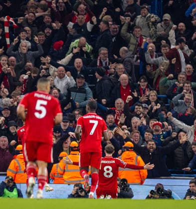Football - FA Premier League - Manchester City FC v Nottingham Forest FC MANCHESTER, ENGLAND - Wednesday, March 4, 2026: Nottingham Forest s Elliot Anderson celebrates after scoring his side s second equalising goal during the FA Premier League match between Manchester City FC and Nottingham Forest FC at the City of Manchester Stadium. (Photo by David Rawcliffe Propaganda) MANCHESTER City of Manchester Stadium GREATER MANCHESTER ENGLAND  Copyright: xDavidxRawcliffex P2026-03-04-Man_City_Notts_Forest-50