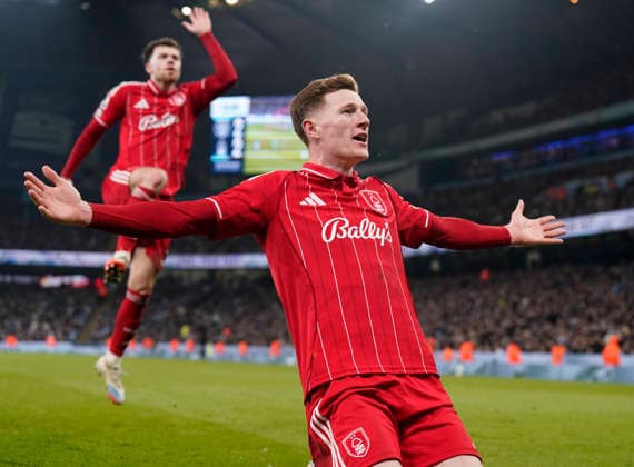 Manchester, England, 4th March 2026. Elliot Anderson of Nottingham Forest celebrates scoring their second equalising goal during the Manchester City vs Nottingham Forest Premier League match at the Etihad Stadium, Manchester. Picture credit should read: Andrew Yates Sportimage EDITORIAL USE ONLY. No use with unauthorised audio, video, data, fixture lists, club league logos or live services. Online in-match use limited to 120 images, no video emulation. No use in betting, games or single club league player publications. SPI_076_AY_Manchester_City_Forest SPI-4576-0075
