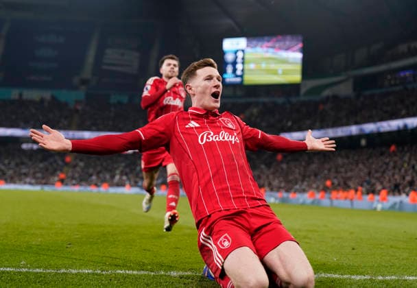 Manchester, England, 4th March 2026. Elliot Anderson of Nottingham Forest celebrates scoring their second equalising goal during the Manchester City vs Nottingham Forest Premier League match at the Etihad Stadium, Manchester. Picture credit should read: Andrew Yates Sportimage EDITORIAL USE ONLY. No use with unauthorised audio, video, data, fixture lists, club league logos or live services. Online in-match use limited to 120 images, no video emulation. No use in betting, games or single club league player publications. SPI_077_AY_Manchester_City_Forest SPI-4576-0076