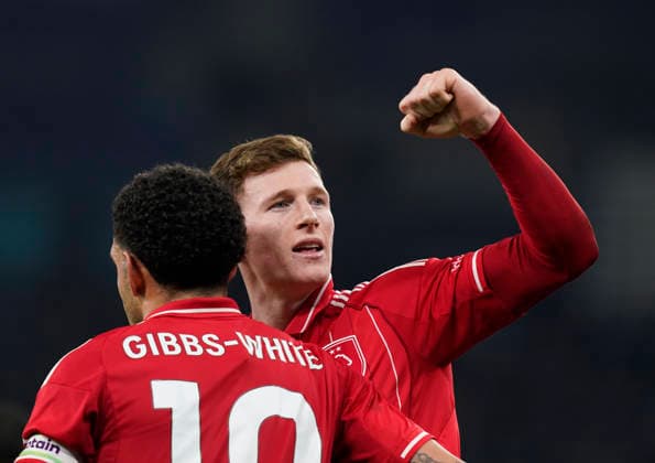 Manchester, England, 4th March 2026. Elliot Anderson of Nottingham Forest celebrates scoring their second equalising goal during the Manchester City vs Nottingham Forest Premier League match at the Etihad Stadium, Manchester. Picture credit should read: Andrew Yates Sportimage EDITORIAL USE ONLY. No use with unauthorised audio, video, data, fixture lists, club league logos or live services. Online in-match use limited to 120 images, no video emulation. No use in betting, games or single club league player publications. SPI_085_AY_Manchester_City_Forest SPI-4576-0084