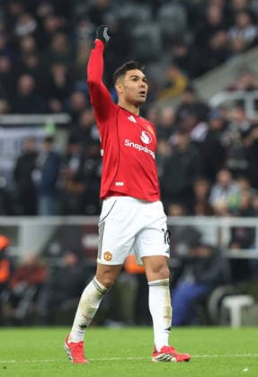 Manchester, England, 4th March 2026. Casemiro of Manchester United, ManU celebrates scoring the equaliser during the Manchester City vs Nottingham Forest Premier League match at the Etihad Stadium, Manchester. Picture credit should read: Andrew Yates Sportimage EDITORIAL USE ONLY. No use with unauthorised audio, video, data, fixture lists, club league logos or live services. Online in-match use limited to 120 images, no video emulation. No use in betting, games or single club league player publications. SPI_037_NR_NEWC_MANCx SPI-4576-0085