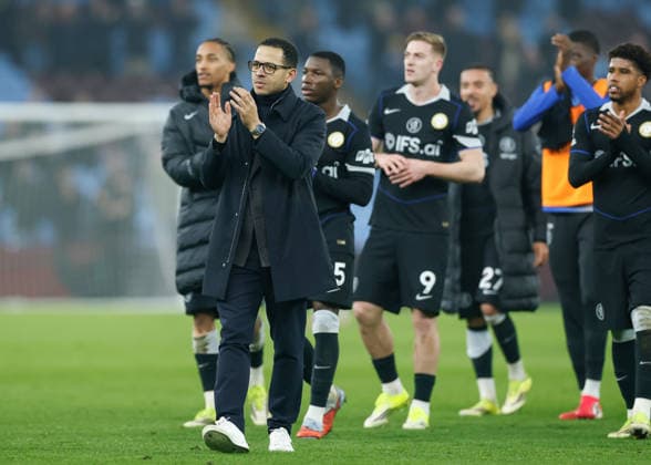 Birmingham, England, 4th March 2026. Liam Rosenior head coach of Chelsea applauds fans at full time following the Aston Villa vs Chelsea Premier League match at Villa Park, Birmingham. Picture credit should read: Cody Froggatt Sportimage EDITORIAL USE ONLY. No use with unauthorised audio, video, data, fixture lists, club league logos or live services. Online in-match use limited to 120 images, no video emulation. No use in betting, games or single club league player publications. SPI_056_CF_ASTON_VILLA_V_CHELSEA SPI-4577-0056