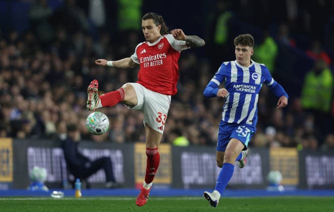 Premier League - Brighton & Hove Albion FC v Arsenal FC BRIGHTON, ENGLAND, MARCH 4: Riccardo Calafiori of Arsenal during the match between Brighton & Hove Albion FC and Arsenal FC in the Premier League at the AMEX Community Stadium in Brighton, England, on March 4. (Photo by Daniel Weir) Brighton AMEX Community Stadium England Copyright: xDanielxWeir CrystalxPixx Sportspressphoto_SPR101890