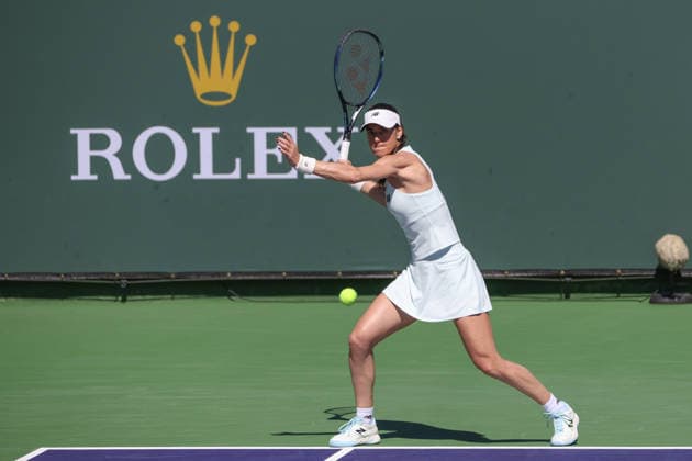 INDIAN WELLS, CA - MARCH 04: Sorana Cirstea (ROU) hits a forehand during the BNP Paribas Open on March 4, 2026 at Indian Wells Tennis Garden in Indian Wells, CA. (Photo by George Walker Icon Sportswire) TENNIS: MAR 04 BNP Paribas Open EDITORIAL USE ONLY Icon260304013