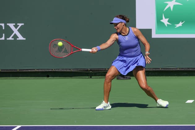 INDIAN WELLS, CA - MARCH 04: Tatjana Maria (GER) hits a forehand during the BNP Paribas Open on March 4, 2026 at Indian Wells Tennis Garden in Indian Wells, CA. (Photo by George Walker Icon Sportswire) TENNIS: MAR 04 BNP Paribas Open EDITORIAL USE ONLY Icon260304019