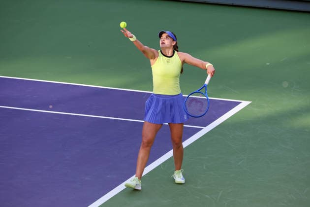 INDIAN WELLS, CA - MARCH 04: Victoria Jimenez Kasintseva (AND) serves during the BNP Paribas Open on March 4, 2026 at Indian Wells Tennis Garden in Indian Wells, CA. (Photo by George Walker Icon Sportswire) TENNIS: MAR 04 BNP Paribas Open EDITORIAL USE ONLY Icon260304082