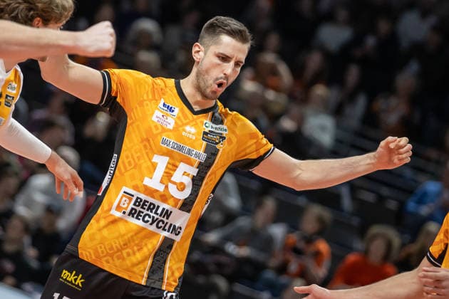 04.03.26, Berlin, Volleyball, CEV Cup Viertelfinale, BR Volleys vs. Volley Piacenza. Moritz Reichert (BR Volleys) freut sich ueber den erspielten Punkt. CEV Cup Viertelfinale, BR Volleys vs. Volley Piacenza.