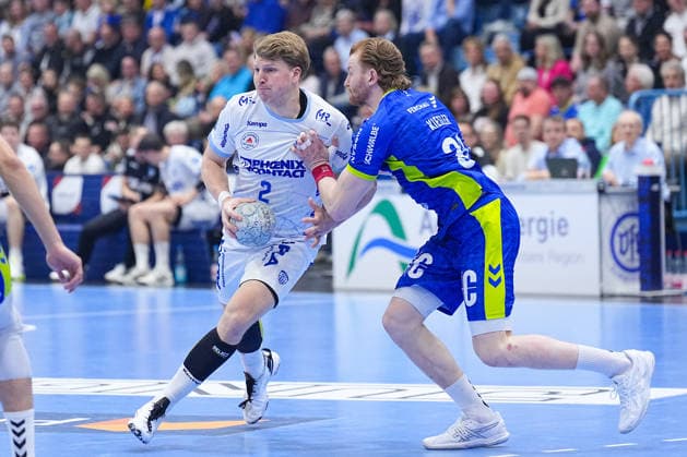 05.03.2026, xydrx, Handball, 1.HBL, VfL Gummersbach - TBV Lemgo Lippe, Schwalbe-Arena: Lukas Hutecek (TBV Lemgo Lippe 2) im Zweikampf gegen Tom Kiesler (VfL Gummersbach 30) Photo: xYannisxDreimannxPressefotoKochx Nordrhein-Westfahlen Deutschland