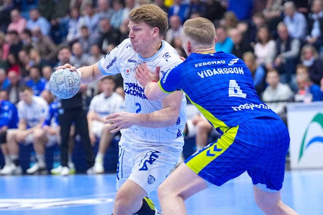 05.03.2026, xydrx, Handball, 1.HBL, VfL Gummersbach - TBV Lemgo Lippe, Schwalbe-Arena: Lukas Hutecek (TBV Lemgo Lippe 2) im Zweikampf gegen Ellidi Vidarsson (VfL Gummersbach 4) Photo: xYannisxDreimannxPressefotoKochx Nordrhein-Westfahlen Deutschland