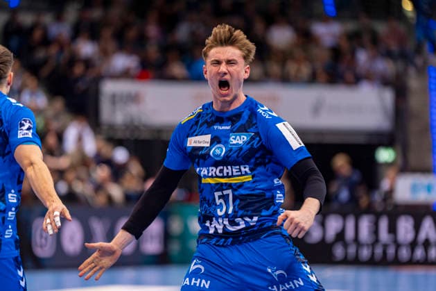 DAIKIN Handball Bundesliga: TVB Stuttgart vs. THW Kiel; 05.03.2026 Stuttgart, GERMANY - 05. März 2026: Jakob Nigg (TVB Stuttgart, 57) beim Torjubel nach einem Tor während dem Match zwischen dem TVB Stuttgart und dem THW Kiel am 24. Spieltag der Daikin Handball Bundesliga in der Porsche-Arena. Copyright: xBEAUTIFULxSPORTS Steinx
