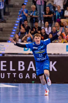 DAIKIN Handball Bundesliga: TVB Stuttgart vs. THW Kiel; 05.03.2026 Stuttgart, GERMANY - 05. März 2026: Jakob Nigg (TVB Stuttgart, 57) bei Torjubel während dem Match zwischen dem TVB Stuttgart und dem THW Kiel am 24. Spieltag der Daikin Handball Bundesliga in der Porsche-Arena. Copyright: xBEAUTIFULxSPORTS Steinx