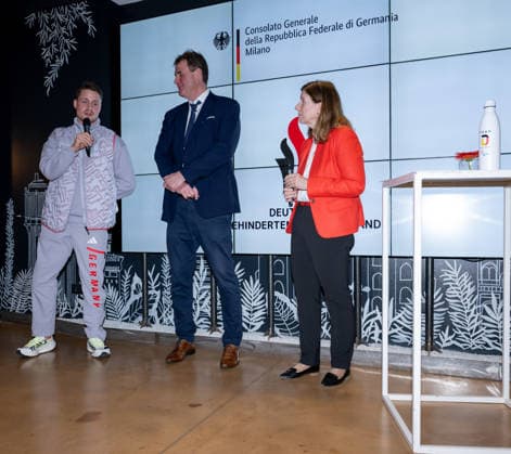 Invitation Consulate General - Millano Cortina 2026 Winter Paralympics: Day -1 Invitation Consulate General - Milano Cortina 2026 Winter Paralympics: Day -1 MILANO, ITALY - MARCH 5: Viale Francesco Restelli, 8 Consul General Ms Susanne Welter invited the Team Germany Paralympics based in Milano. The German Para Ice hockey, Eishockey Team and honorable members to Team Germany Paralympics have taken part. REIMANN, Leopold, MICHELS, Hans-Joerg (President NPC Germany) and WELTER, Susanne (Consul General Germany) (Photo by RALF KUCKUCK) Copyright 2026 Ralf Kuckuck