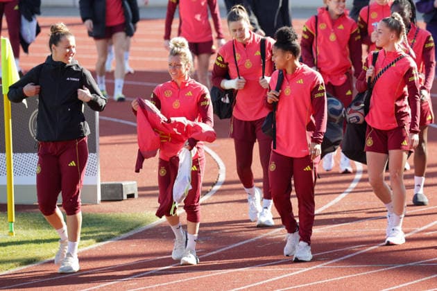 05.03.2026, xgrfx, Fussball Training , Deutsche Frauennationalmannschaft v.l. Larissa Mühlhaus, Linda Dallmann, Shekiera Martinez, Giulia Gwinn (Deutsche Frauennationalmannschaft) (DFL DFB REGULATIONS PROHIBIT ANY USE OF PHOTOGRAPHS as IMAGE SEQUENCES and or QUASI-VIDEO) Dresden