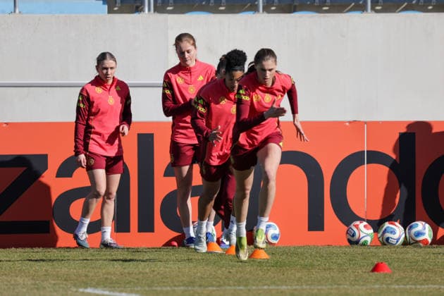 05.03.2026, xgrfx, Fussball Training , Deutsche Frauennationalmannschaft v.l. Elisa Senß, Sjoeke Nüsken, Shekiera Martinez, Jule Brand (Deutsche Frauennationalmannschaft) (DFL DFB REGULATIONS PROHIBIT ANY USE OF PHOTOGRAPHS as IMAGE SEQUENCES and or QUASI-VIDEO) Dresden
