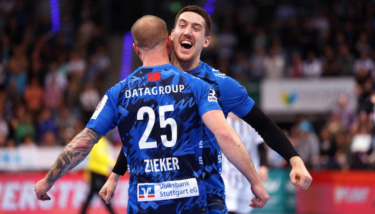 05.03.2026, Deutschland, Stuttgart, Handball Bundesliga, TVB Stuttgart vs. THW Kiel, v.l. Patrick Zieker und Ivan Snajder (TVB) jubeln