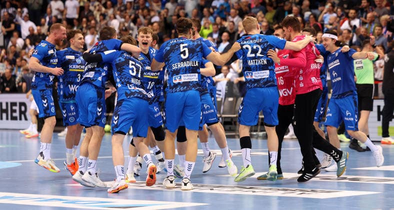 05.03.2026, Deutschland, Stuttgart, Handball Bundesliga, TVB Stuttgart vs. THW Kiel, Stuttgarter Jubel über den Sieg