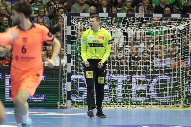 05.03.2026, xgox, Handball - EHF Champions League SC Magdeburg - FC Barcelona, Barca v.l. Sergey Hernandez Ferrer (Magdeburg, 1) Jubelt ueber gehaltenen Ball, abgewehrt, gehalten, Torhueter Magdeburg