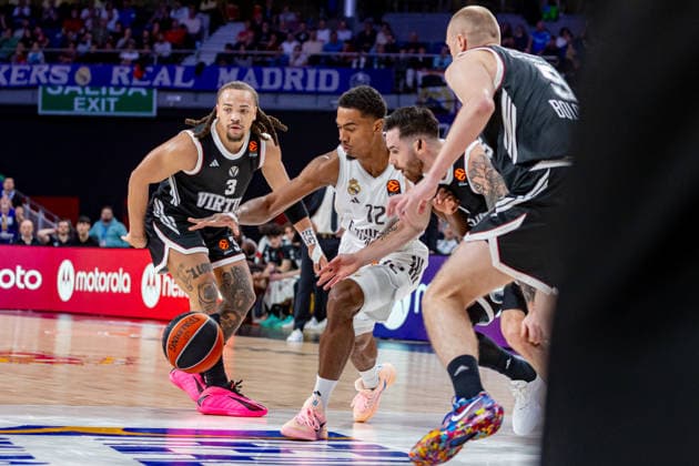 2026 Euroleague basketball Real Madrid v Virtus Bologna March 5th; 5th March 2026; Movistar Arena; Madrid, Spain; Euroleague Basketball; Spain, Real Madrid vs Virtus Bologna; Edwards (Bologna), Vildoza (bologna) and Theo Maledon (Real Madrid) Madrid Spain Basketball Copyright: xAlbaxPachecox xAgenciaxLOFx