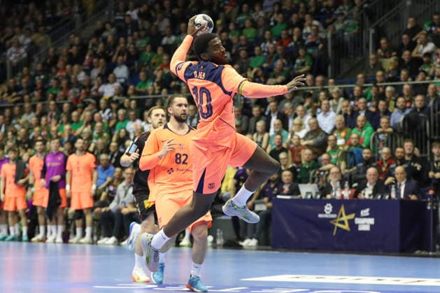 05.03.2026, xgox, Handball - EHF Champions League SC Magdeburg - FC Barcelona, Barca v.l. Dika Mem (Barcelona, 10) wirft Tor, Torschuetze, erzielt Tor, Treffer, scores the goal Magdeburg