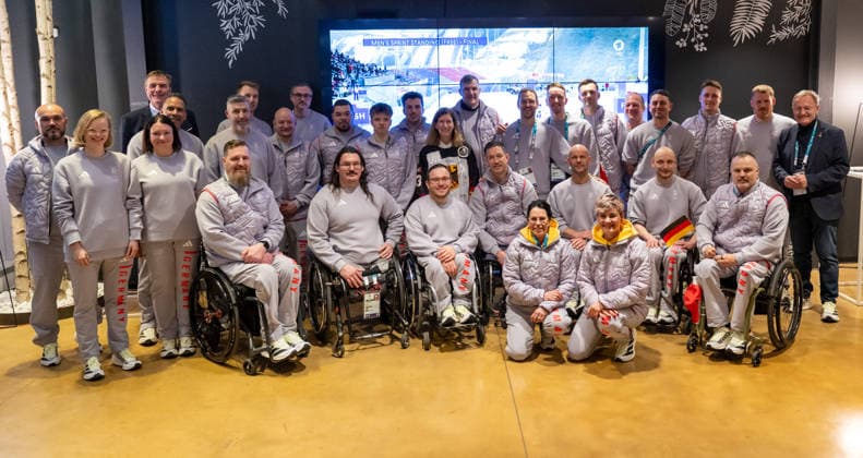 Invitation Consulate General - Millano Cortina 2026 Winter Paralympics: Day -1 Invitation Consulate General - Milano Cortina 2026 Winter Paralympics: Day -1 MILANO, ITALY - MARCH 5: Viale Francesco Restelli, 8 Consul General Ms Susanne Welter invited the Team Germany Paralympics based in Milano. The German Para Ice hockey, Eishockey Team and honorable members to Team Germany Paralympics have taken part. Group picture with MICHELS, Hans-Joerg (President NPC Germany), WELTER, Susanne (Consul General Germany) and BEUCHER, Friedhelm-Julius (NPC Germany) (Photo by RALF KUCKUCK) Copyright 2026 Ralf Kuckuck