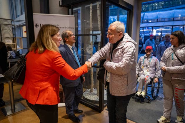 Invitation Consulate General - Millano Cortina 2026 Winter Paralympics: Day -1 Invitation Consulate General - Milano Cortina 2026 Winter Paralympics: Day -1 MILANO, ITALY - MARCH 5: Viale Francesco Restelli, 8 Consul General Ms Susanne Welter invited the Team Germany Paralympics based in Milano. The German Para Ice hockey, Eishockey Team and honorable members to Team Germany Paralympics have taken part. WELTER, Susanne (Consul General Germany) welcomes BEUCHER, Friedhelm-Julius (NPC Germany) (Photo by RALF KUCKUCK) Copyright 2026 Ralf Kuckuck
