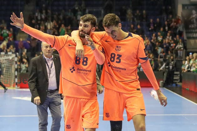 05.03.2026, xgox, Handball - EHF Champions League SC Magdeburg - FC Barcelona, Barca v.l. Petar Cikusa (Barcelona, 88), Ian Barrufet (Barcelona, 83) Jubel ueber den Sieg, Jubel nach Spielende Magdeburg