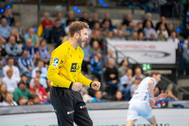 Handball I Herren I Saison 2025-2026 I Bundesliga I 24. Spieltag I TVB Stuttgart - THW Kiel I 05.03.2026 Gonzalo Perez de Vargas (1, THW Kiel) jubelt Stuttgart Porsche Arena Baden-Württemberg Deutschland Copyright: xLobeca MaxxPetershansx