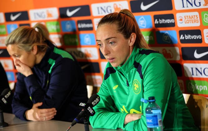 Republic of Ireland WNT press conference, PK, Pressekonferenz Stadion Galgenwaard, Utrecht, Netherlands 6 3 2026 Abbie Larkin Abbie Larkin 6 3 2026  Copyright: x INPHO RyanxByrnex RB1_7830