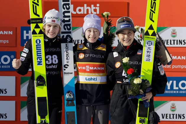 Sport Bilder des Tages LKS 20260306 Silver medalist Anna Odine Ström of Norway (L), winner Nika Prevc of Slovenia (C) and bronze medalist Nozomi Maruyama of Japan (R) pose after the Women s HS130 Individual Gundersen of Nordic Combined at the FIS Nordic World Cup Lahti Ski Games in Lahti, Finland, on March 6, 2026. - PETRI KORTENIEMI Lahti Finland 61EtFR8YBhI  Copyright: xPetrixKorteniemix 61EtFR8YBhI