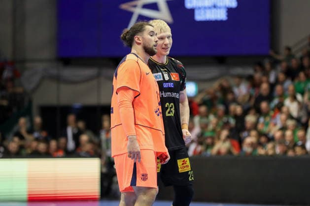 05.03.2026, xgox, Handball - EHF Champions League SC Magdeburg - FC Barcelona, Barca v.l. Luis Frade (Barcelona, 82) und Magnus Saugstrup (Magdeburg, 23) Magdeburg